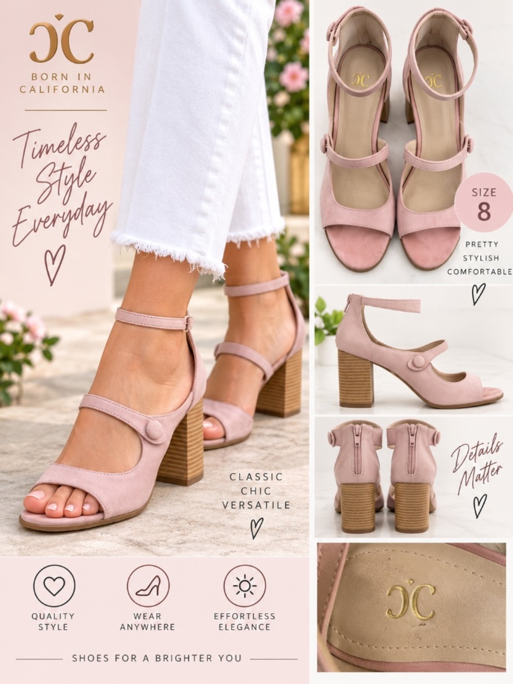 Blush Pink Mary Jane Block Heel Sandals Size 8